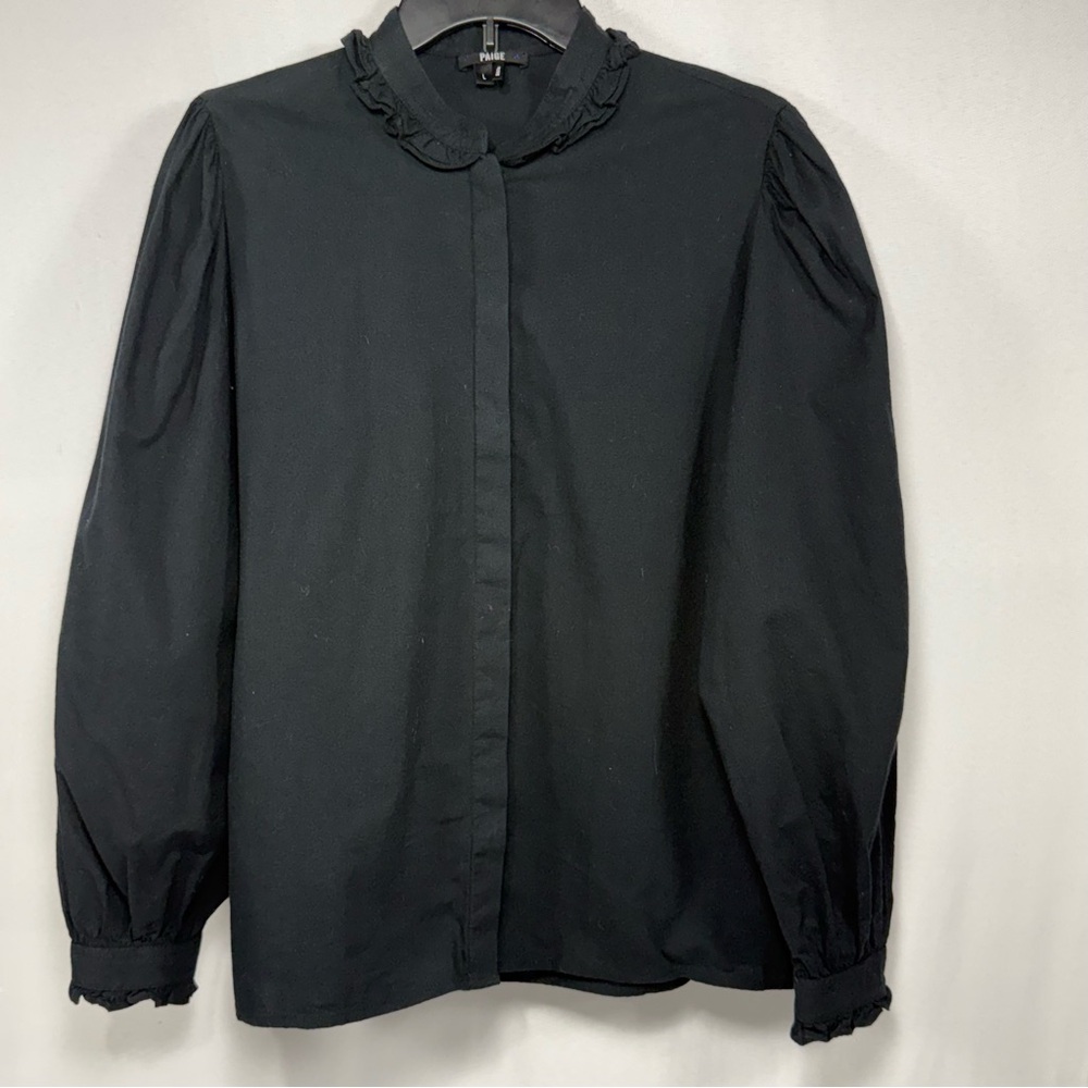 Ruffle Neck PAIGE Black Cotton Blend Puff Sleeve Blouse Size L Large